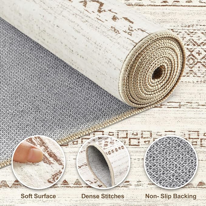 Runner Rug Kitchen Washable Rugs: 2x6 Non-Slip Boho Soft Modern Stain Resistant Indoor Floor Neutral Farmhouse Throw Carpet for Hallway Bathroom Laundry Room Entryway Bedroom- Brown