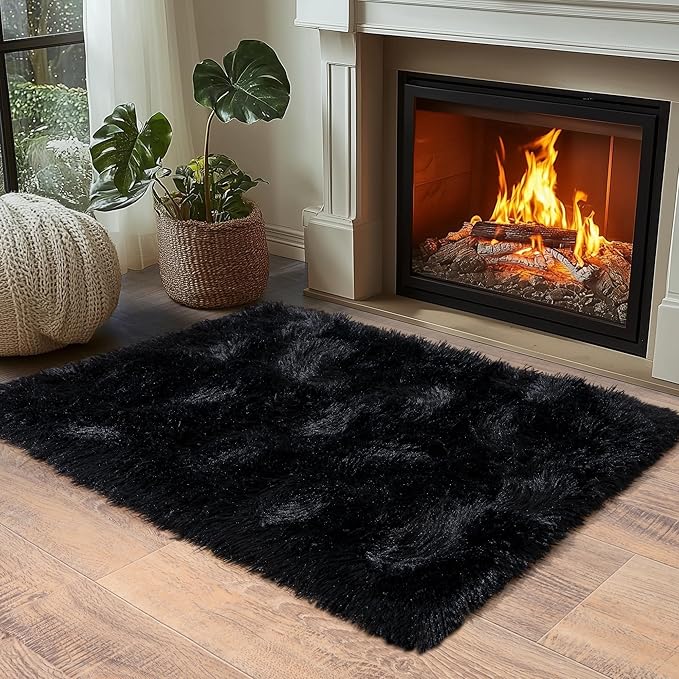 Black Fluffy Rug for Bedroom 3x5 ft Small Rug - Ultra Soft & Non Slip Shaggy Area Rug, Comfy Durable Carpet for Living Room Kids Room Teens Dorm Home Decor, 1.7'' Thick Indoor Plush Carpets