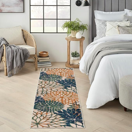 Nourison Aloha Indoor/Outdoor Blue Green 2' x 6' Area Rug, Easy Cleaning, Non Shedding, Bed Room, Living Room, Dining Room, Backyard, Deck, Patio (2x6)