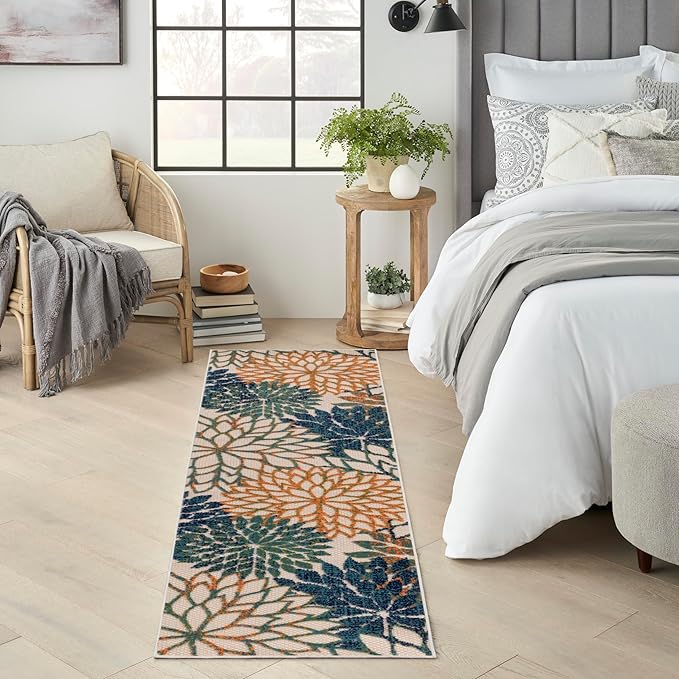 Nourison Aloha Indoor/Outdoor Blue Green 2'3" x 8' Area Rug, Easy Cleaning, Non Shedding, Bed Room, Living Room, Dining Room, Backyard, Deck, Patio (2x8)