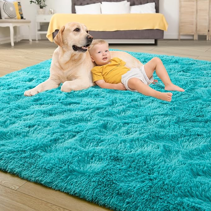 Tepook Super Soft Fluffy Rug for Bedroom, Modern Shaggy Rug Fuzzy Kids Rug for Living Room, Plush Indoor Nursery Home Decor Rug with Non-Slip Bottom, Teal Blue, 6 X 9 Feet