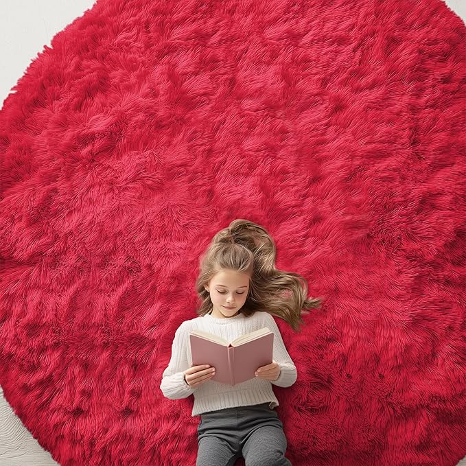 OLANLY Red Round Rugs for Bedroom - Machine Washable, 9x9 Feet Circle Area Rugs for Living Room, Soft and Fluffy Shaggy Carpet for Teen Girls and Boys, Dorms, Nursery Rooms, Home Decor Aesthetic