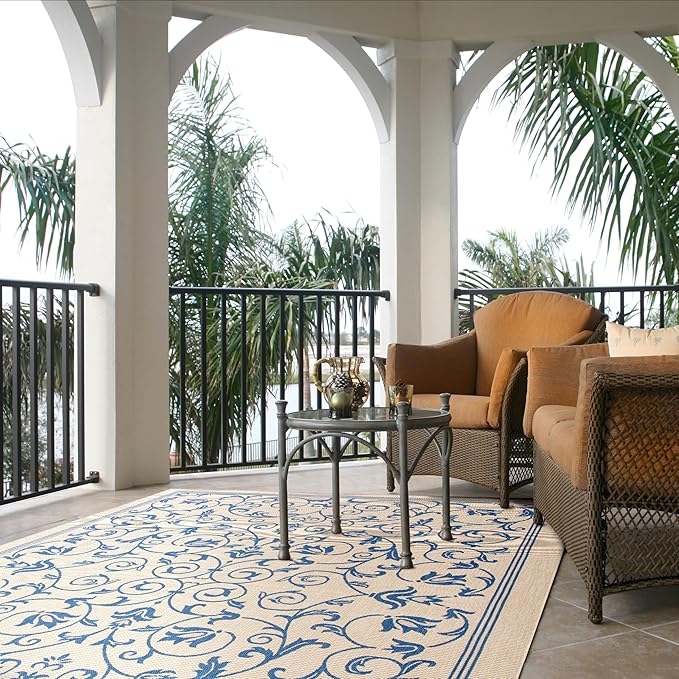 SAFAVIEH Courtyard Collection Area Rug - 9' x 12', Natural & Blue, Scroll Design, Non-Shedding & Easy Care, Indoor/Outdoor & Washable-Ideal for Patio, Backyard, Mudroom (CY2098-3101)