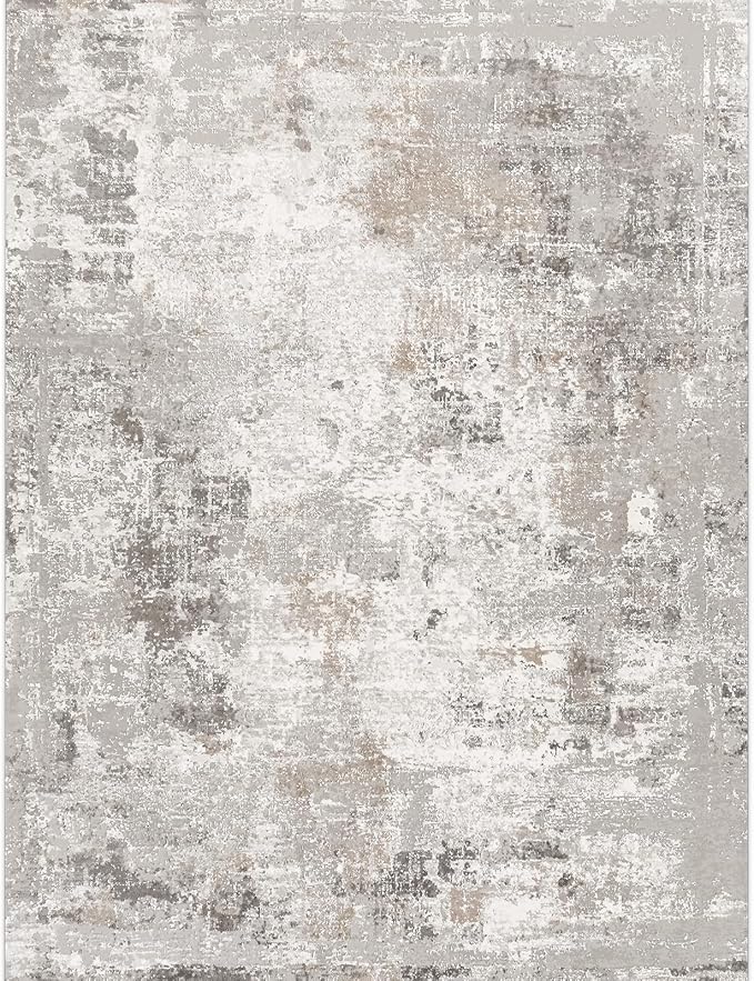 9x12 Washable Living Room Rugs - Modern Abstract Neutral Soft Large Area Rugs for Bedroom Non-Slip Low Pile Thin Stain-Resistant Carpet for Dining Room Home Office (Beige/Grey)