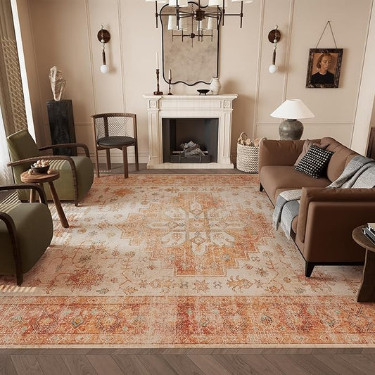 9x12 Rug, Washable Neutral Boho Modern Vintage Non Slip Floral Area Carpet, Low Pile Soft Rugs, Slip Resistance, Pet-Friendly, Durable Rug for Living Room, Bedroom, Kitchen, Dining Room