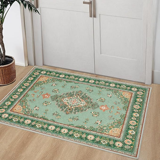 Tepook Small Rug for Entryway, Front Door Mat Indoor Entrance Rugs, Non-Slip Kitchen Carpet Vintage 2x3 Washable Rug, Low-Pile Throw Rugs for Entryway Bedroom Bathroom Foyer Cabinets, Green