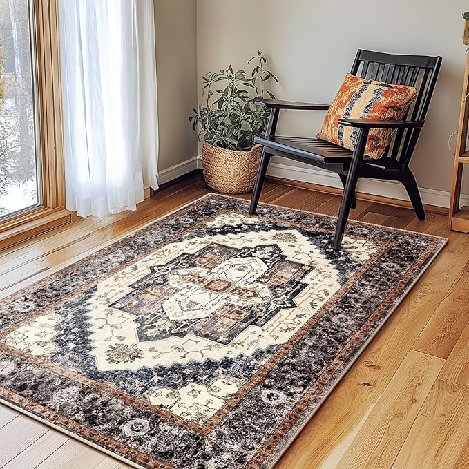 Washable 6x9 Area Rugs, Rugs for Living Room, Low-Pile Water&Stain Resistant Carpet Vintage Distressed Printed Non-Slip Carpet for Bedroom Bathroom Kitchen-Light Yellow/Choco/Brown/Navy Blue