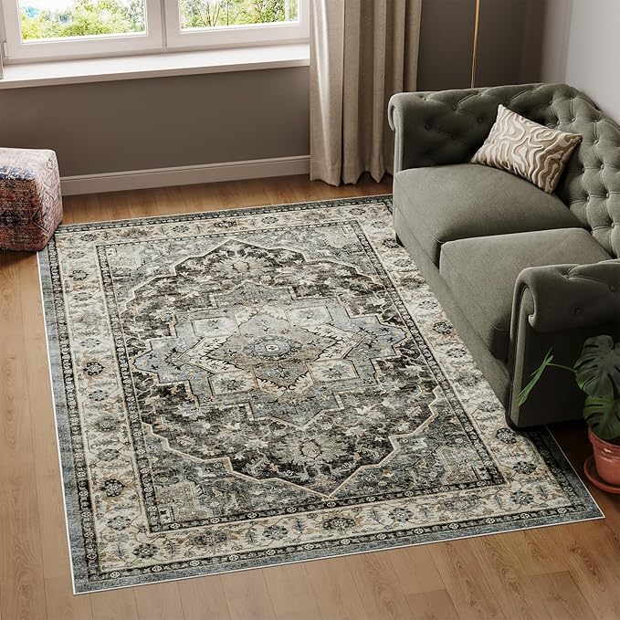 Dripex 4x6 Area Rugs, Machine Washable Non Slip Boho Rugs,Distressed Bedroom Rug, No Pile Lightweight Vintage Rug, Floor Carpet for Living Room,Dining Room and Office,Dark Blue and Green