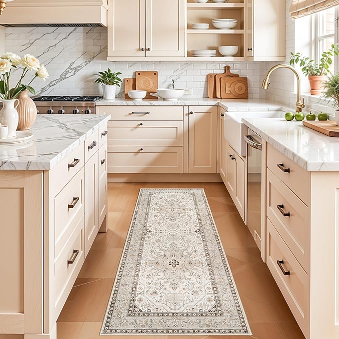 2x6 Runner Rug Washable: Non-Slip Oriental Carpet for Hallway Kitchen Entry - Farmhouse Low Pile Stain Resistant Long Thin Front Door Mat 2x6 Ivory/Grey/Multi