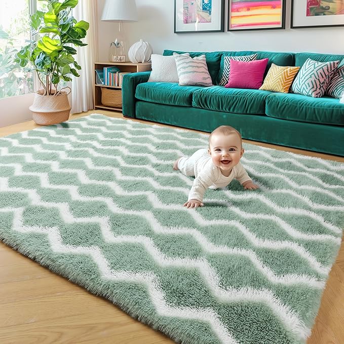 RUGTUDER Soft 5x8 Area Rug, Washable Shaggy Fluffy Striped Shag Rugs for Living Room Bedroom Baby Nursery Girls Boys Kids Room Teens Dorm, Non-Slip Plush Chevron Indoor Floor Rug, Sage Green and White