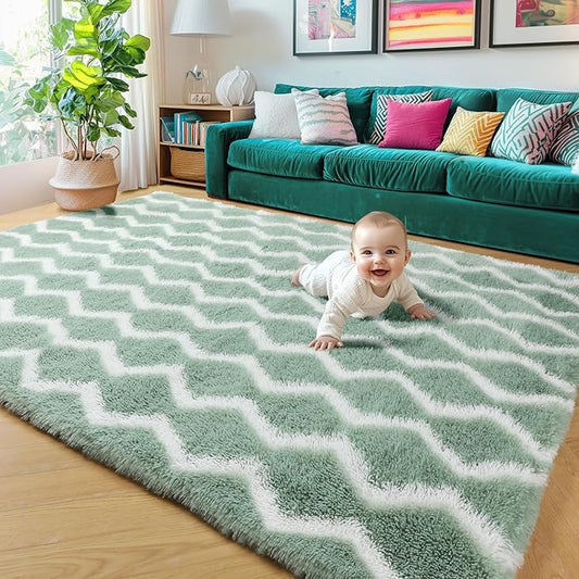 RUGTUDER Soft 5x8 Area Rug, Washable Shaggy Fluffy Striped Shag Rugs for Living Room Bedroom Baby Nursery Girls Boys Kids Room Teens Dorm, Non-Slip Plush Chevron Indoor Floor Rug, Sage Green and White