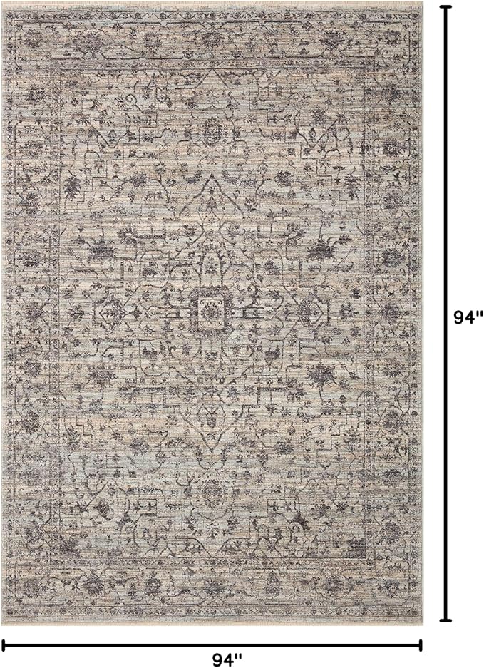 Loloi Sorrento Collection 7'-10" x 7'-10" Round Accent Rug in Mist/Charcoal - Vintage Inspired Patterned Area Rug, Unique Area Rug for Living Room, Bedroom, Dining Area