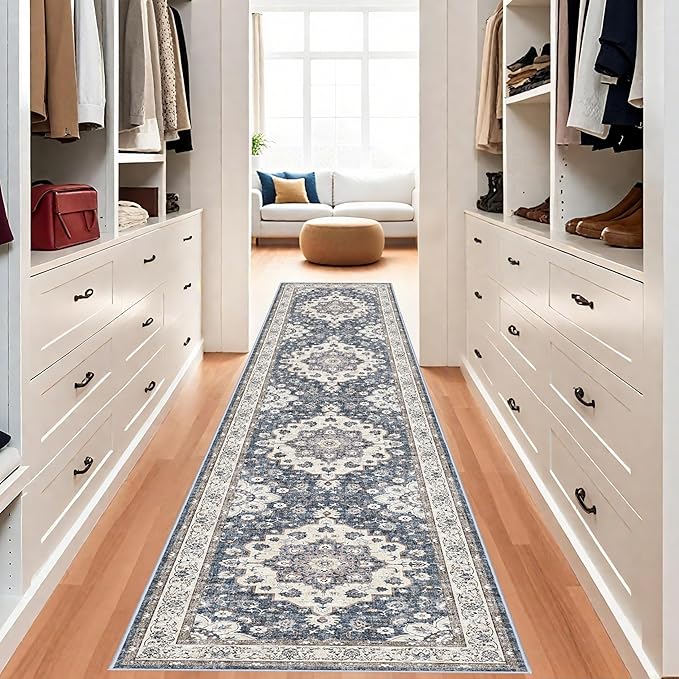 Washable 3x12 Hallway Runner Rug: Oriental Non-Slip Rugs for Entryway Living Room Floral Stain Resistant Long Kitchen Bathroom Carpets Accent Low Pile Floor Mat for Dining Room Bedroom (3x12,Blue)