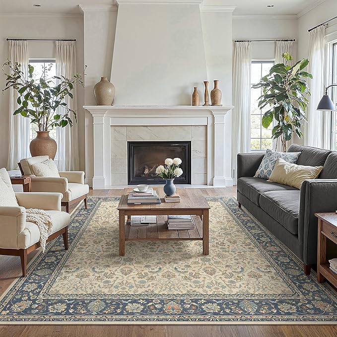 8X10 Area Rugs Machine Washable Rugs for Living Room, Vintage Boho Large Rugs for Bedroom Dining Room, Non Slip Indoor Soft Distressed Lightweight Thin Low Pile Carpet, Ivory Navy Blue