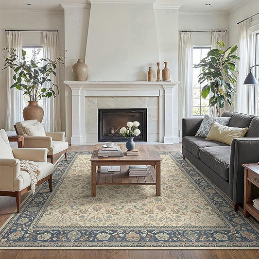 8X10 Area Rugs Machine Washable Rugs for Living Room, Vintage Boho Large Rugs for Bedroom Dining Room, Non Slip Indoor Soft Distressed Lightweight Thin Low Pile Carpet, Ivory Navy Blue