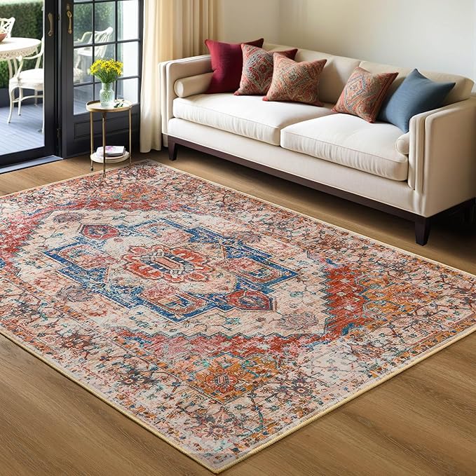 YJ.GWL Large Area Rug for Living Room, 5x7 Machine Washable Boho Rug for Bedroom, Low Pile Lightweight Thin Rugs Floral Vintage Distress Print Pattern Carpet for Dining Room, Orange
