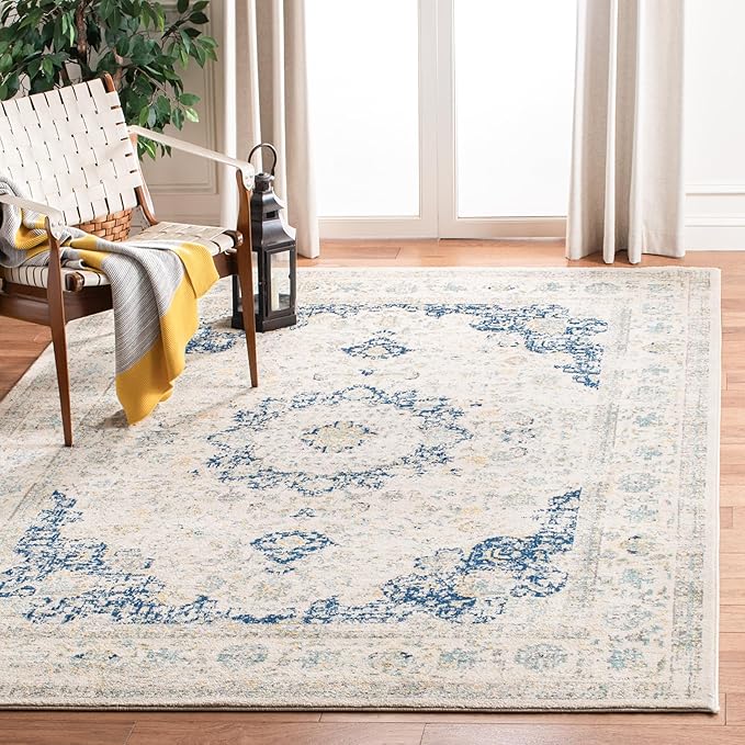 SAFAVIEH Evoke Collection Area Rug - 6'7" x 9', Ivory & Blue, Shabby Chic Oriental Medallion Design, Non-Shedding & Easy Care, Ideal for High Traffic Areas in Living Room, Bedroom (EVK220C)
