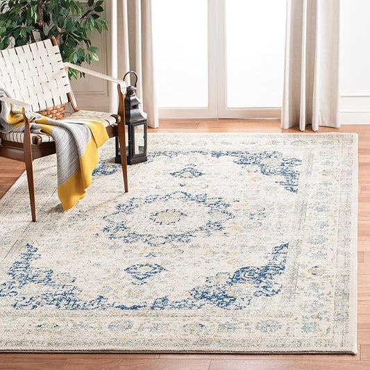 SAFAVIEH Evoke Collection Area Rug - 6'7" x 9', Ivory & Blue, Shabby Chic Oriental Medallion Design, Non-Shedding & Easy Care, Ideal for High Traffic Areas in Living Room, Bedroom (EVK220C)