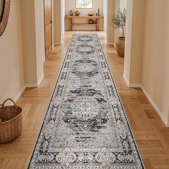3x14 Runner Rug for Hallway Washable: Non Slip Kitchen Rugs with Rubber Backing Soft Waterproof Mats Stain Resistant Indoor Vintage Carpet Runner for Bedroom Bathroom Laundry Entryway Black/Gray