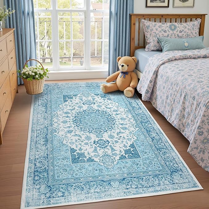 3x5 Area Rug for Bedroom, Machine Washable Rugs with Non-Slip Backing for Living Room, Soft Vintage Carpet Kitchen Laundry Kids Room Decor, Blue & White