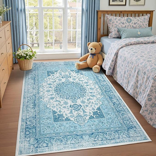 3x5 Area Rug for Bedroom, Machine Washable Rugs with Non-Slip Backing for Living Room, Soft Vintage Carpet Kitchen Laundry Kids Room Decor, Blue & White