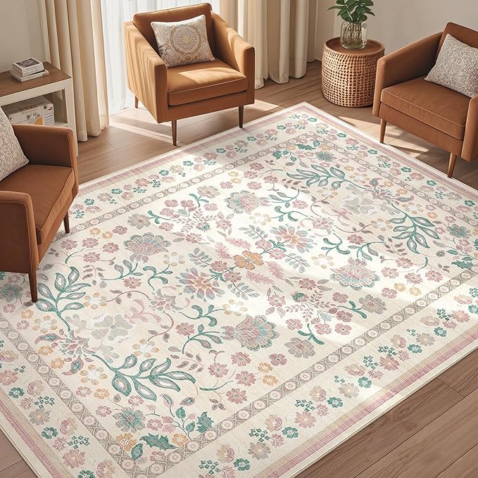 5x7 Area Rug Living Room Rugs - Washable Boho Vintage Floral Large Soft Non Slip Thin Rug Low Pile Carpet for Bedroom Dining Room Kids Playroom Office Decor Indoor- Pink
