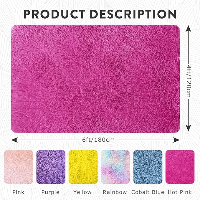 4x6 Hot Pink Rug for Bedroom Girls, Soft Fluffy Plush Shag Rugs for Kids Baby Bedside, Non-Slip Indoor Floor Thick Rugs, Living Room Nursery Dorm Home Decor Throw Carpet