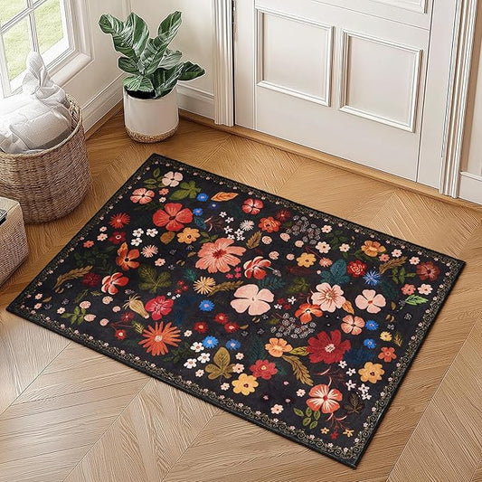 2x3 Rug Front Door Indoor Entrance Boho Vintage Floral Pattern Black Faux Wool Throw Rugs with Rubber Backing Washable Non Slip Stain Resistant Doormat Small Area Rugs for Entryway Kitchen Laundry
