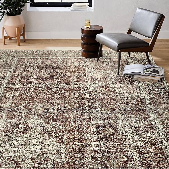 Vintage Area Rug 4x6 Rust Red Entryway Office Washable Carpet Non Slip Bedroom Indoor Living Room Door Mat Low Pile Traditional Distressed Retro Accent Rug for Dining Room Bathroom Kitchen