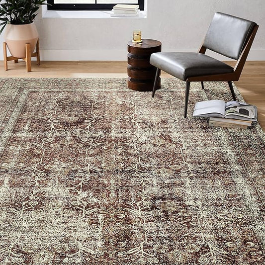 Vintage Area Rug 4x6 Rust Red Entryway Office Washable Carpet Non Slip Bedroom Indoor Living Room Door Mat Low Pile Traditional Distressed Retro Accent Rug for Dining Room Bathroom Kitchen