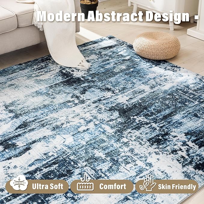 Carvapet Rugs for Living Room, Modern Abstract Low Pile Large Carpet with Rubber Backing, Foldable, Non Slip Machine Washable (7 x 5 Feet Rectangular, Blue Grey Area Rug)