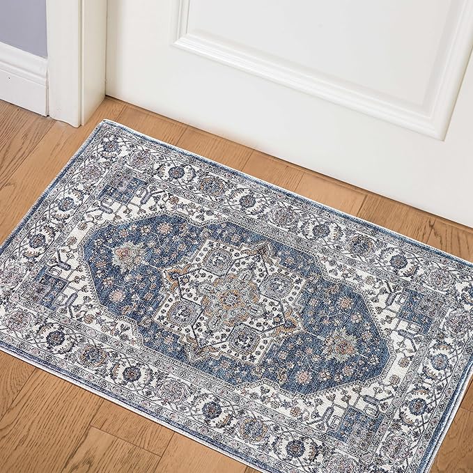 Vintage Area Rug, 2x3 Washable Rugs for Living Room Bedroom Entryway Indoor Door mat, Distressed Boho Country Accent Rugs, Thin Low-Pile Floor Carpet for Kids Pet (Navy/Grey)