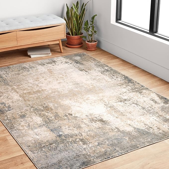 Loloi Teagan Collection 6'-7" x 9'-2" Area Rug in Ivory/Mist - Large, Soft Neutral Rug, High-Traffic for Living Room, Bedroom, Home Office, Dining Area