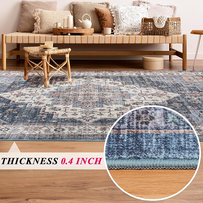 Vintage Area Rug, 4x6 Washable Rugs for Living Room Bedroom Entryway Indoor Door mat, Distressed Boho Country Accent, Thin Low-Pile Floor Carpet for Kids Pet (Navy/Brown)