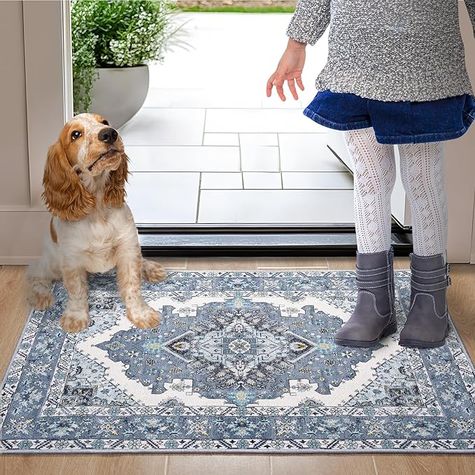 Noahas Front Door Mat Indoor Outdoor Entrance,2x3 Small Blue Area Rugs Vintage Machine Washable Rugs Non-Slip Low Pile Carpets for Entryway Porch Bathroom Kitchen Bedroom Laundry Room Home Decor