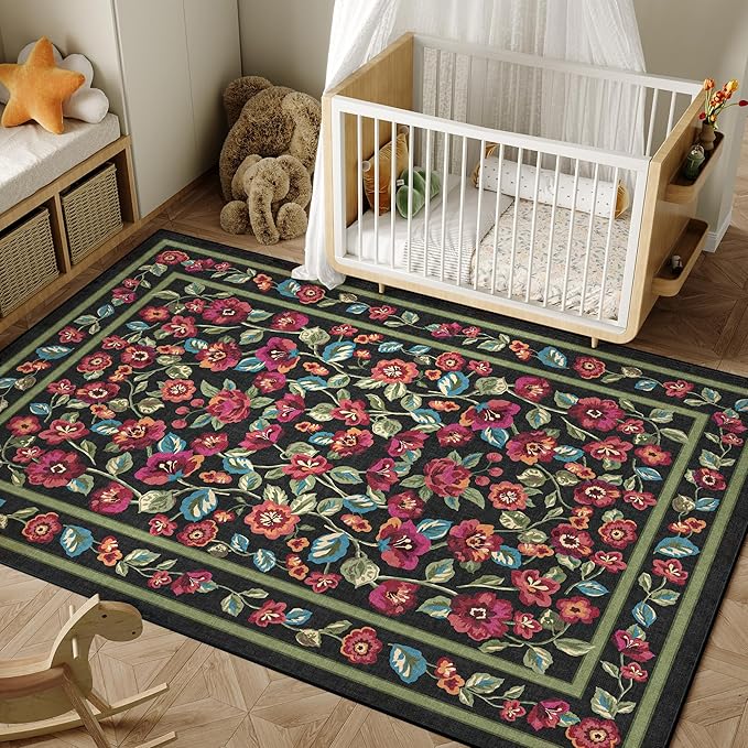 Black Area Rug 4x6 Washable Living Room Non Slip Kitchen Soft Floral Indoor Carpet Vintage Low Pile Accent Throw Rug for Office Dining Room Nursery Bathroom Farmhouse