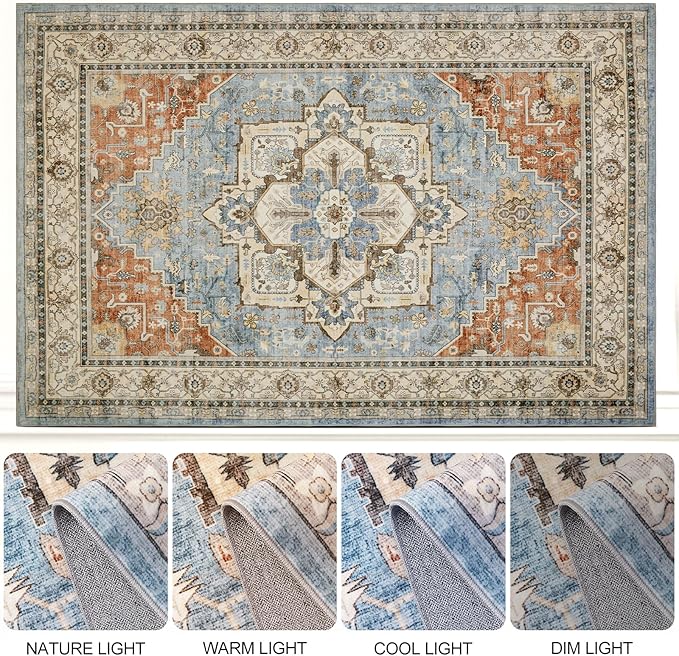 Area Rugs for Living Room 9x12 - Large Machine Washable Vintage Oriental Soft Rug, Low Pile Thin Carpet with Non Slip Backing for Bedroom, Dorm, Under Dining Room Table, Indoor House, Office Decor