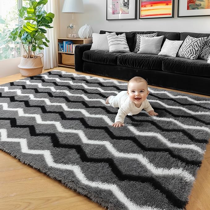 RUGTUDER Washable Fluffy Rugs for Living Room, 5x8 Fuzzy Plush Soft Shag Striped Rug, Large Shaggy Floor Carpets Chevron Geometric Rug for Bedroom Playroom Boys Kids Room Dorm Decor, Black Grey White