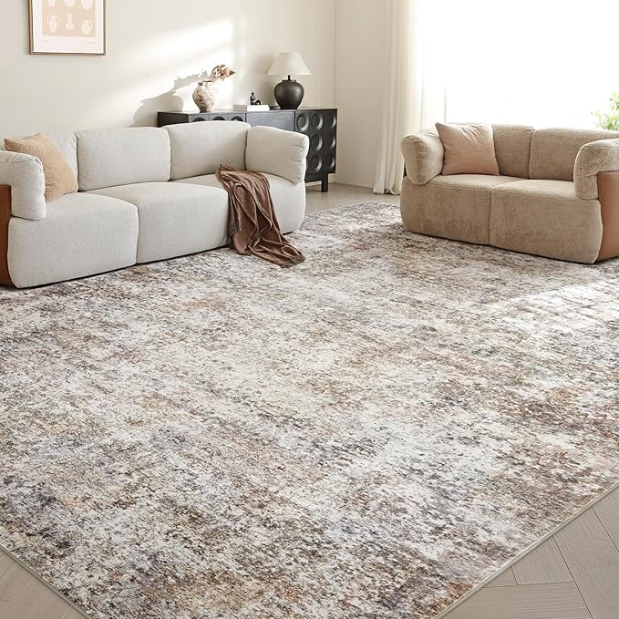 Area Rugs for Living Room: 9x12 Washable Neutral Abstract Rug for Bedroom Large Soft Modern Dining Room Rugs Indoor Floor Low Pile Carpet for Home Office Nursery - Brown Grey