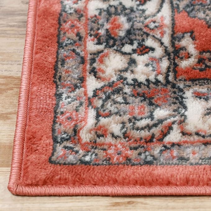 Superior Indoor Runner Rug, with Jute Backing, Chic Bordered Floor Decor for Living Room, Bedroom, Office, Entryway, Kitchen, Dining, Floral Design, Lille Collection, 2' 7" x 8', Salmon