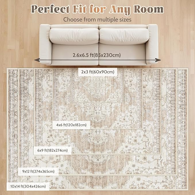 10x14 Area Rugs Washable Rug: Lagre Vintage Living Room Rugs with Non-Slip Backing Low Pile Rug Soft Indoor Floor Carpet Non Shedding Neutral Carpet for Bedroom Dining Room Farmhouse Nursery Beige