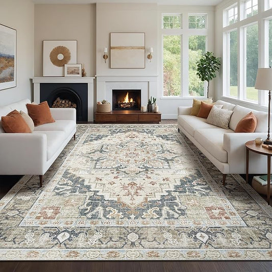 Kokia Washable Area Rugs 9x12 Living Room Boho Non Slip Thin Carpet Stain Resistant Vintage Linen Printed Oriental Distressed Rug for Bedroom Low Pile
