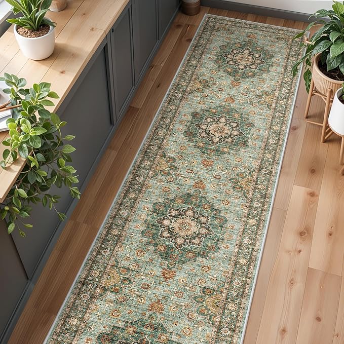 Washable Oriental Hallway Runner Rug - 3x16 Rugs for Living Room Soft Carpet for Bedroom Kitchen Waterproof Floral Distressed Indoor Stain Resistant Non-Shedding Floor Carpets (Green, 3X16)