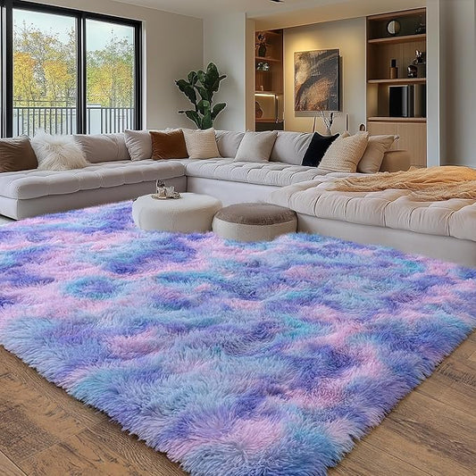 Purple Rainbow Fluffy Rug for Bedroom 8x10 ft Large - Ultra Soft & Non Slip Shaggy Area Rug, Comfy Durable Carpet for Living Room Kids Room Teens Dorm Home Decor, 1.7'' Thick Indoor Plush Carpets