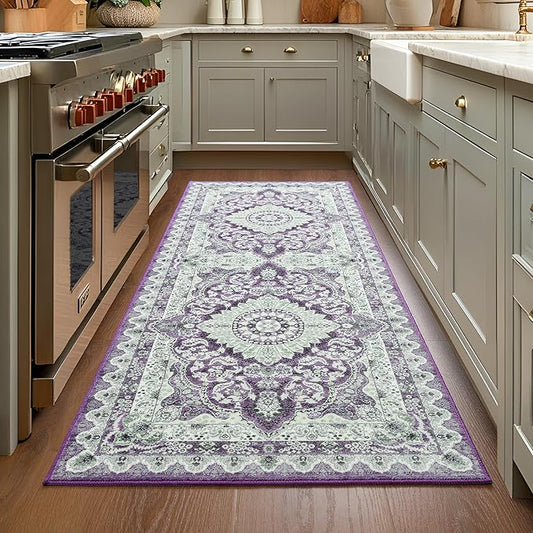 Foxmas Hallway Runner Rug, 2x6 Vintage Kitchen Runner Area Rugs Non Skid Washable, Low Pile Throw Rugs with Rubber Backing Carpet for Laundry Room Entryway Bedroom Home Decor, Purple