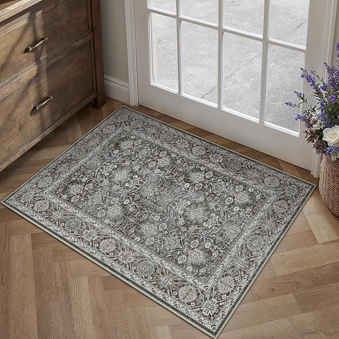 Black Entryway Rug 2x3 Vintage Area Carpet Indoor Kitchen Washable Door Mat Living Room Entrance Small Low Pile Traditional Distressed Retro Accent Throw Rug Non Slip Office Bathroom