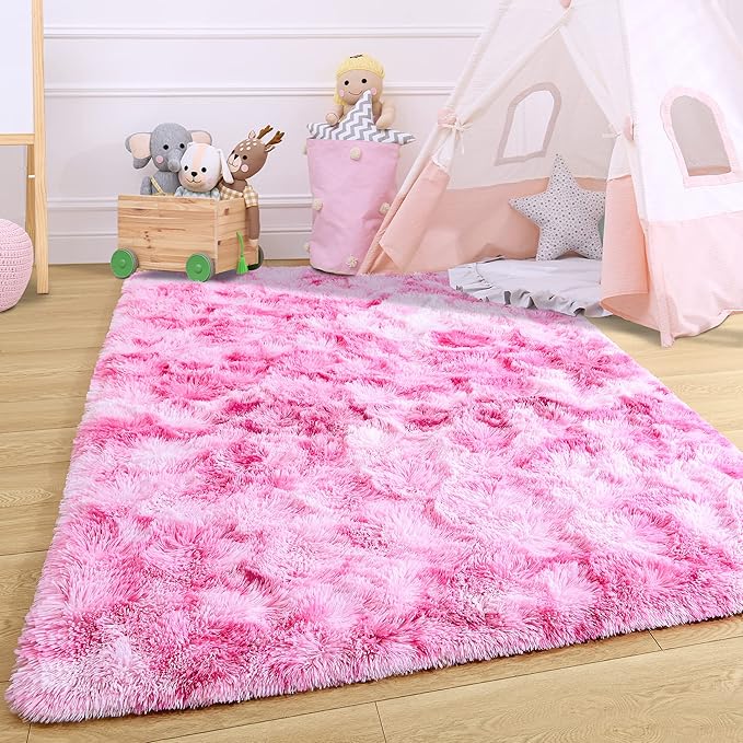 Noahas 4x6 Fluffy Kids Rugs for Room,Soft Pink Tie-Dyed Rainbow Rug for Girls Bedroom,Soft Colorful Playroom Shag Nursery Carpets Room Decor