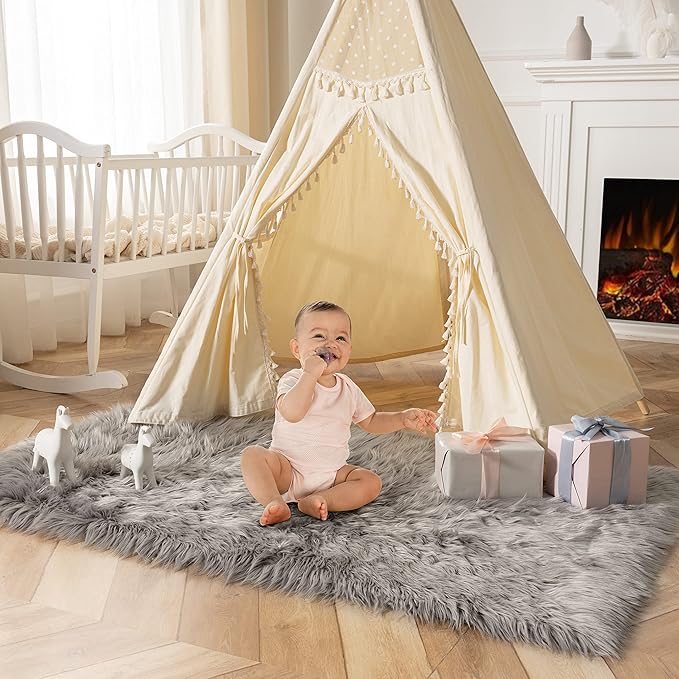 Ashler faux fur rug, Fluffy Shaggy Area Rug Ultra Soft 3 x 5 Feet Rectangle Fur Rug Grey Fuzzy Rug Machine Washable Shag Rug, Nursery Decor Throw Rugs for Bedroom, kids room, Living Room