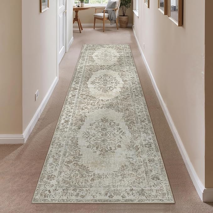 2x8 Runner Rug Beige Washable Hallway Kitchen Bedroom Vintage Distressed Bathroom Non Slip Medallion Floral Carpet Indoor Retro Throw Floor Mat for Office Dining Laundry Living Room
