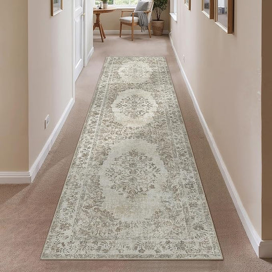 2x8 Runner Rug Beige Washable Hallway Kitchen Bedroom Vintage Distressed Bathroom Non Slip Medallion Floral Carpet Indoor Retro Throw Floor Mat for Office Dining Laundry Living Room